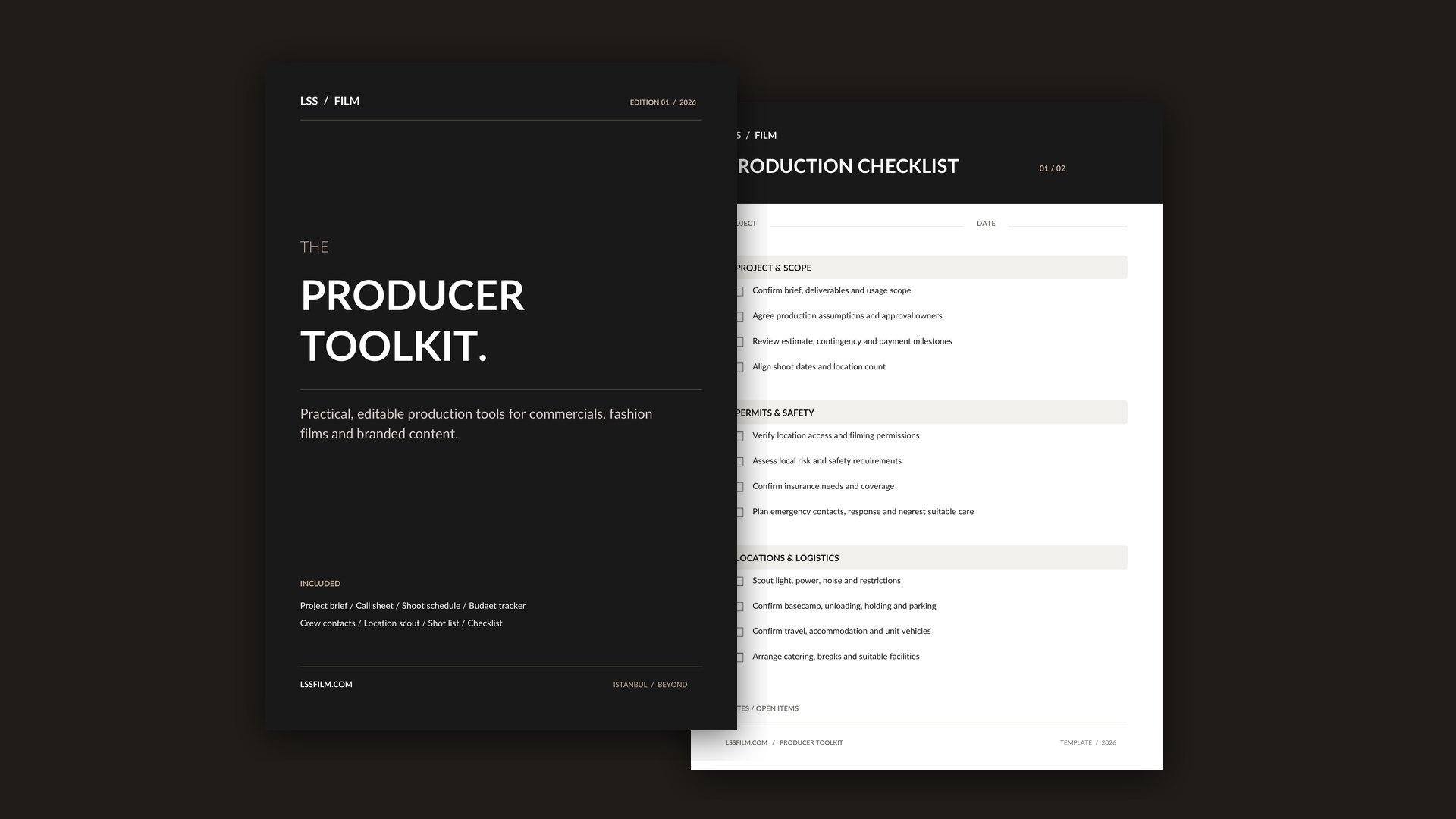 The Producer Toolkit field guide cover and the printable production checklist