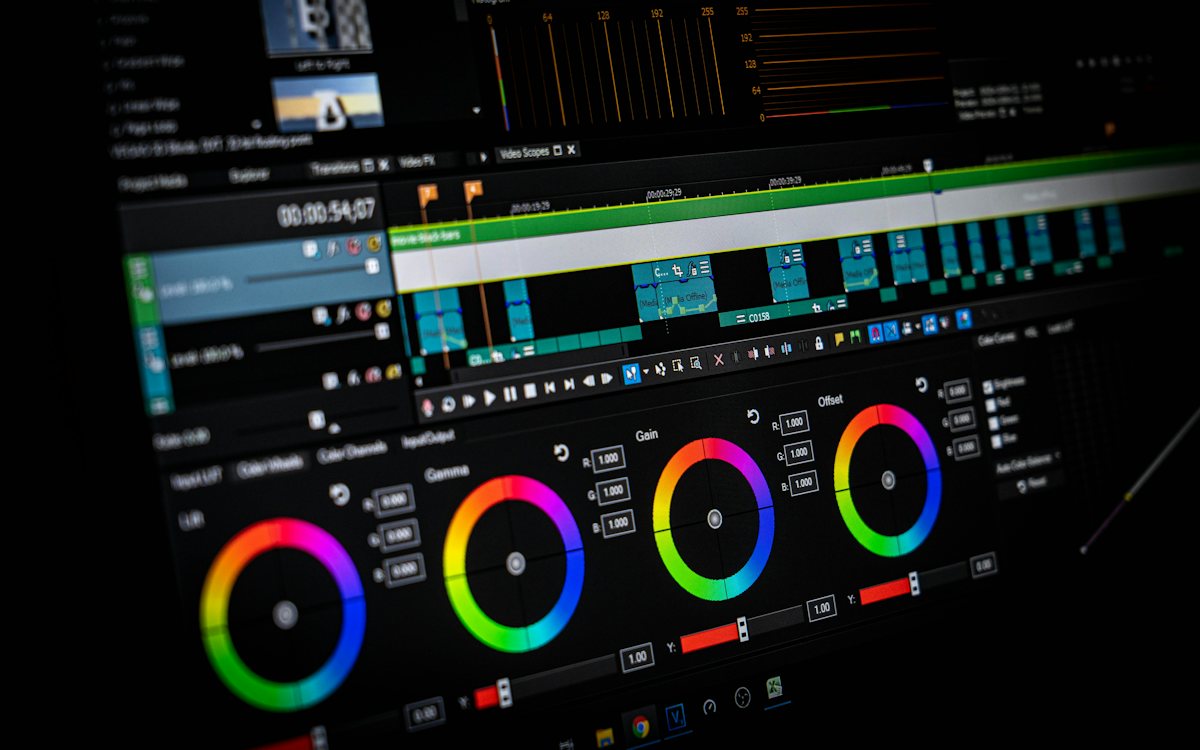 Colour grading software with colour wheels on a monitor